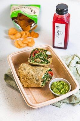 Hungry Lunch Box featuring a whole wrap, side and drink.