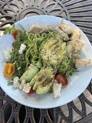 Gluten free chicken pesto with glass noodles, avocado, grape tomatoes. All organic!!