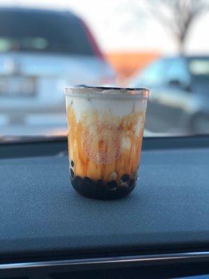 Brown sugar iced lava milk with black boba pearls