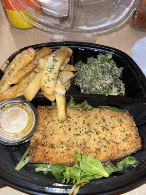 Slammin' Salmon Plate with Seasoned French Fries and Kale Salad .