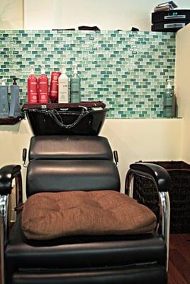 Our chairs at the hair washing station has reclining backs and neck support for your comfort!