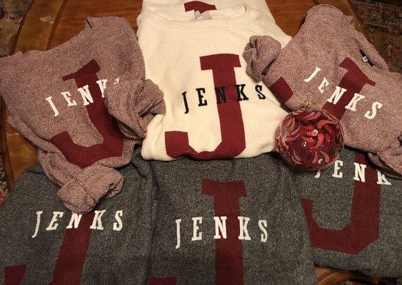 Cute cozy Jenks sweatshirts! Can be custom printed.