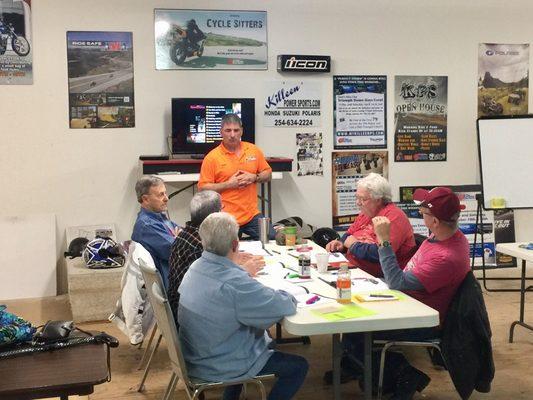 Coach Erik in the classroom for the Three Wheel Basic Riders Course (3WBRC) at Killeen PowerSports.