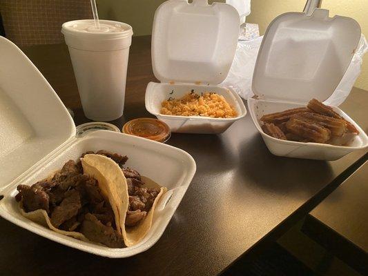 Carnitas tacos, Mexican rice, horchata and churros with sauces