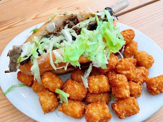 Cheesesteak Sandwich and tater tots