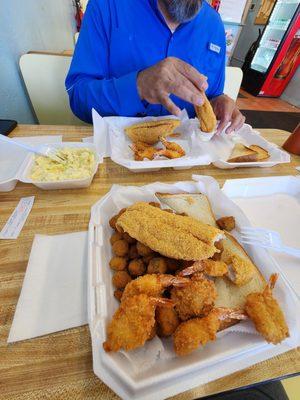 1 piece catfish with 6 shrimp & fried okra.