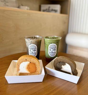 Clockwise: Matcha Latte w/ oat milk ($6.75), Hōji Roll Cake ($6), Thai Tea Roll Cake (OTH), Hōji Latte w/ oat milk ($6.75)