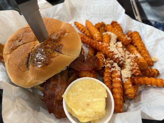 Bourbon burger with sweet potato fries and a sugary-buttery dipping sauce