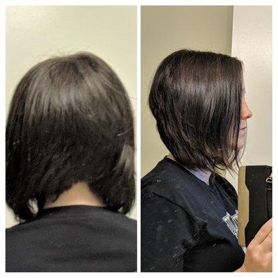 The haircut I got when I showed pictures of and asked for a short stacked angled bob