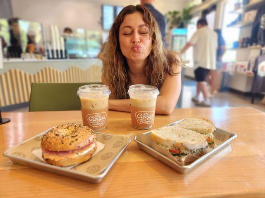 Best Coast Bagel and iced Salter Maple Latte (left) Junior Jimmy Sandwich and iced Honey Cinnamon Latte (right)  My Honey Muffin (middle)