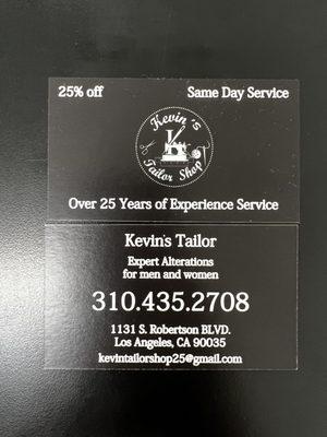 Kevin's Tailor Shop business card info