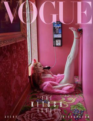 Vogue Fashion Cover in a Pink Room Hallway with woman on a payphone at the Madonna Inn by Fashion Photographer Jamie Nelson