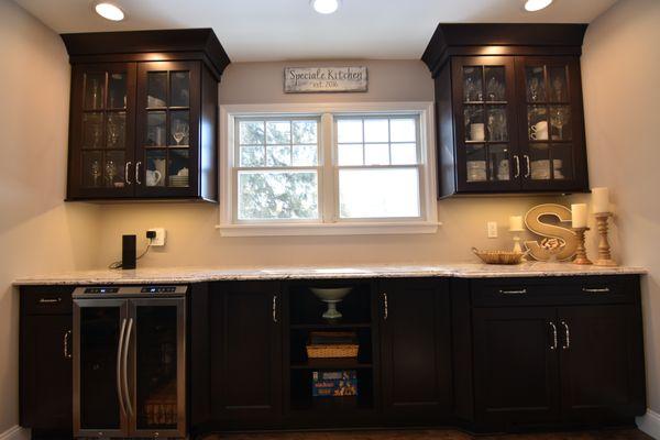 Maple-Espresso hutch with wine refrigerator