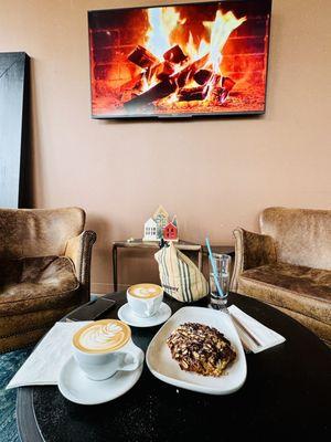 Honey spice latte, Black Forest matcha and coconut chocolate almond croissant