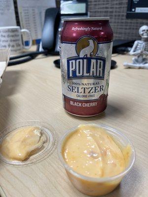 Seltzer and dipping sauce