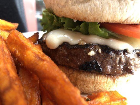 Blue Burger and sweet potato fries, absolutely delicious!!!