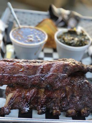 Ribs ,baked beans, greens