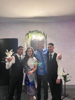 Pictures at our backdrop with some of the groomsmen in our traditional Lao and Cambodian attire.