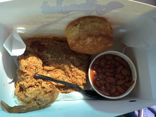 2-piece chicken dinner (breast and wing) with one fixin' (Cajun pintos) and biscuit