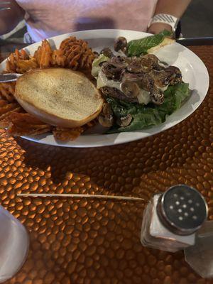 Mushroom burger and sweet potato fries.