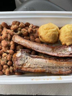 Perfect portion, Smokey ribs, beans and mini cornbread muffins.