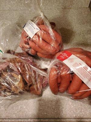 (Top) Mild beef sausage, (BL) smoked neck bones (BR) hot beef sausage