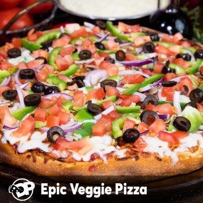 Epic Veggie: Red Sauce, Original Crust, Mozzarella Cheese, Mushrooms, Red Onions, Green Peppers, Black Olives, Fresh Tomatoes, Salt & Pepper