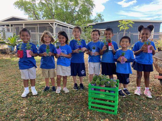 Holy Family preschoolers show off their recycled school milk cartons filled with little plants to be donated to Pearl City Nursing Home.