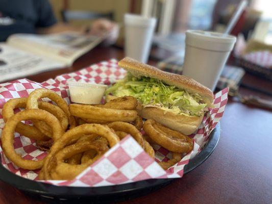 Turkey, avocado and hummus on white with fresh onion rings.