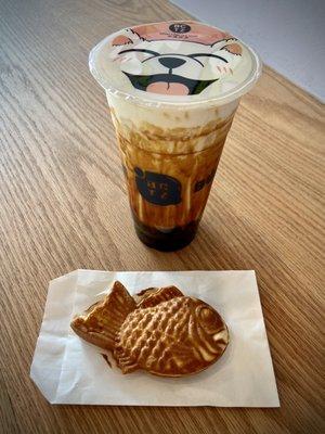 Brown Sugar Latte with added sea salt cream and custard taiyaki