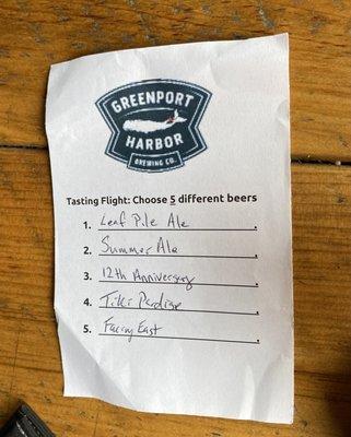 Beer flight menu