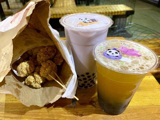 105. Popcorn Chicken, 38. Passion Fruit Green Tea w/ Boba, and 25. Taro Milk Tea w/ Boba