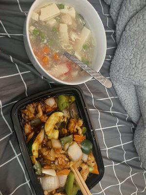 Seafood Soup, Szechwan Chicken ? Not sure