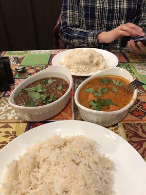 Chicken Tikka Masala on the right, Lamb Karahi on the left, both comes with generous serving of rice (cooked with cinnamon)