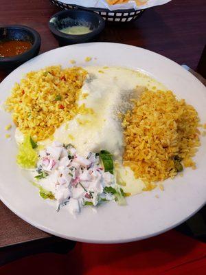 Spinach enchiladas with no beans, just extra rice