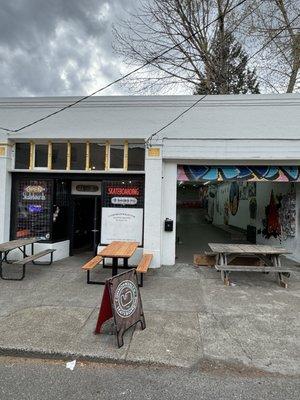 Sidewalk permit and picnic tables.  Available snacks, foods, drinks, beer/wine.