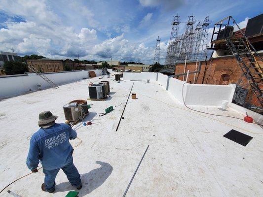 Leaking and deteriorated commercial roof, downtown historic Kilgore, Tx. A+ Job Well Done