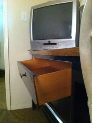 Old CRT TV with broken DVD player and drawers that all sagged that were unable to be used.