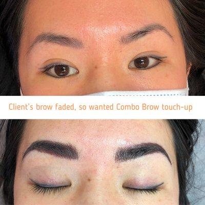 A client came to me with faded brows and wanted thicker looking brows. Combo Brows it is!