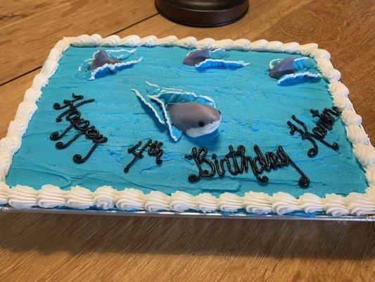 Custom homemade shark themed birthday cake.