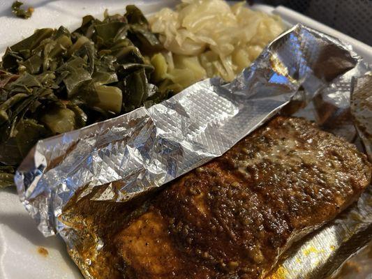 Blackened Cajun Salmon, Collard Greens with Smoked Turkey and Spicy Cabbage with Tri-Color Bell Pepper