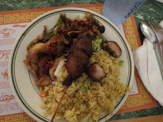 Fried rice, teriyaki chicken, chicken with vegetables.