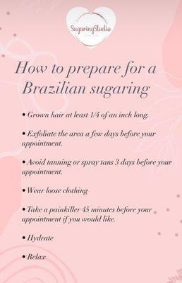 Here's some things you need to know about the preparation and post care for a Brazilian/ bikini sugaring service.