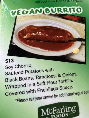 Vegan burrito on the menu