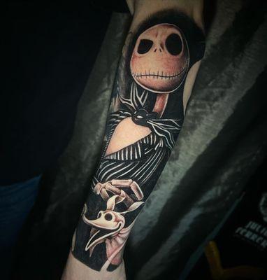 Nightmare before Christmas's Jack Skellington black and gray tattoo. done in one full day session.