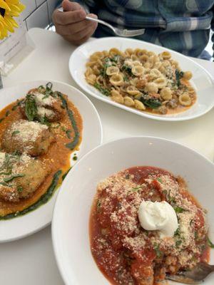 Orecchiette, meatballs, zucchini pillows