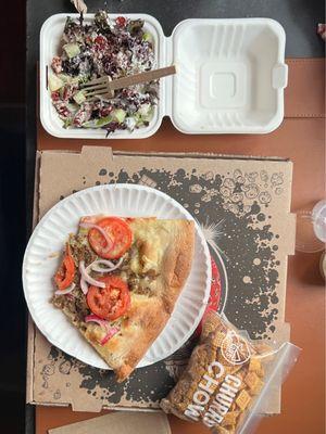 Vegan Gyro Pizza, Wisco Salad (vegan ranch), Churro Chow (Vegan/GF)