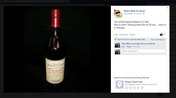 Example of gouging customers by soliciting silent "bids" for allocated bourbon on their FB page. Unethical if not illegal.