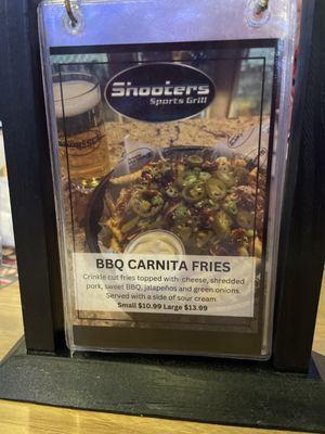 One of the specials at Shooters. BBQ Carnitas Fries