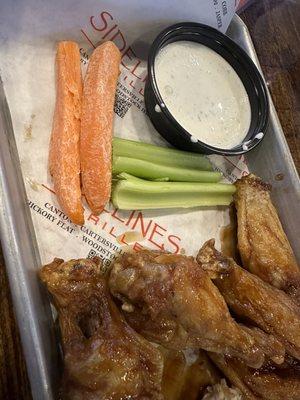 Carrots served with the wings.  Delivered to me by the manager. Really???  You would serve a customer dried up cracked carrot sticks.